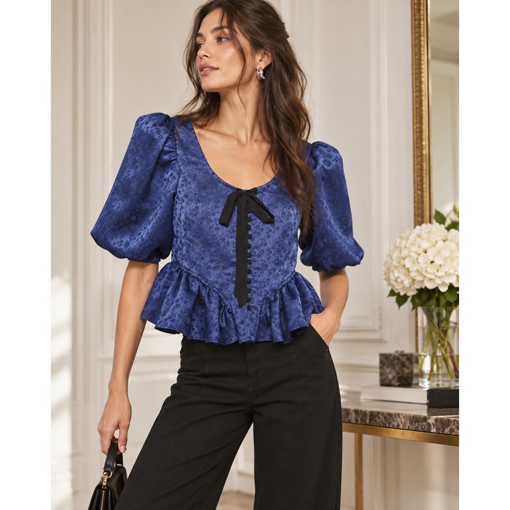 Free People  Pamela Bow Top Puff Sleeve Peplum Blouse Blue XS NWOT